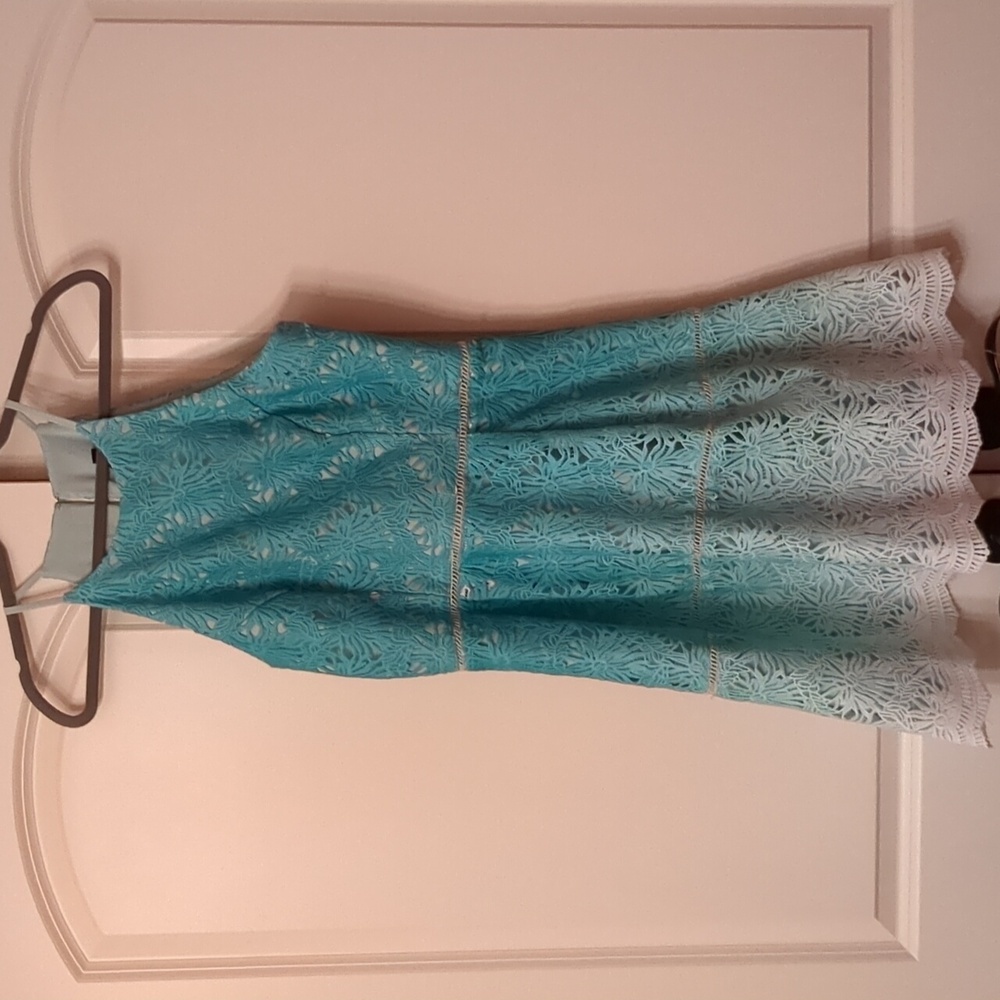 Adelyn Ray, teal and white cutout dress